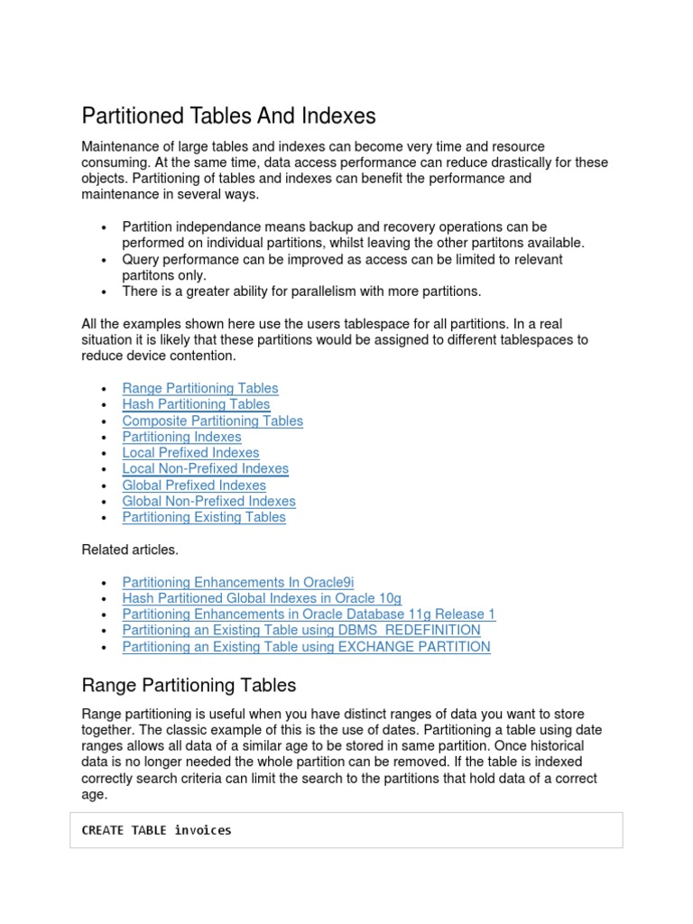 Oracle Partitioned Tables Oracle Database Database Index