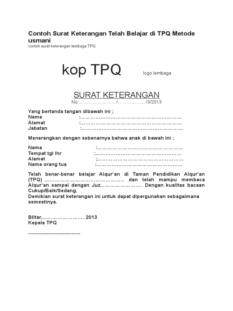 Contoh Surat Keterangan Telah Belajar Di Tpq Metode Usmani