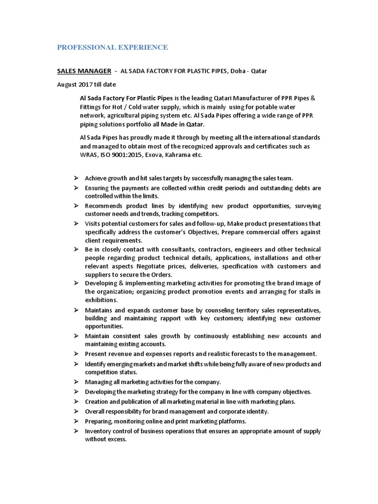 Sales Manager - : Professional Experience | PDF | Sales | Direct Marketing