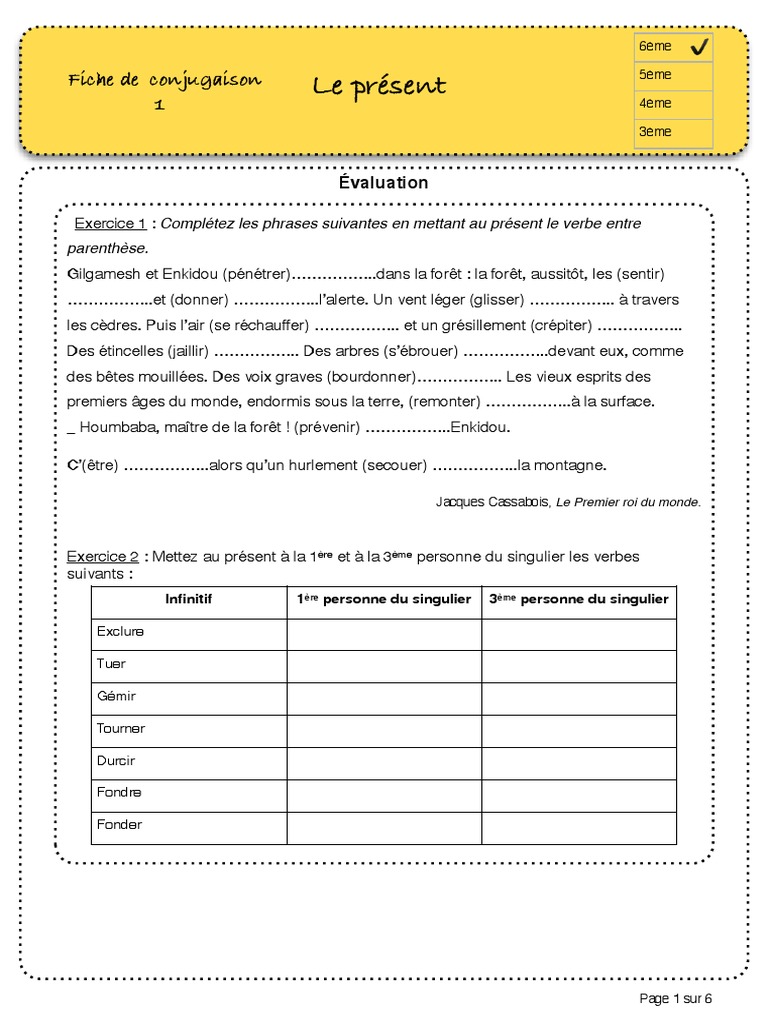 Exercice Sur Le Verbe 6ème à Imprimer Présent-6ème-Évaluation - 1 PDF