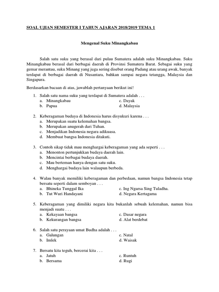Soal Ujian Semester I Tahun Ajaran 2018