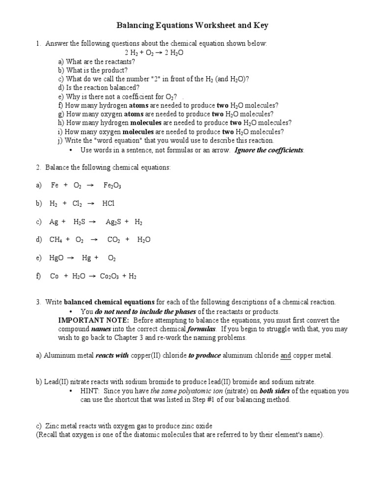 Balancing Equations 30  PDF  Hydrogen  Properties Of Water