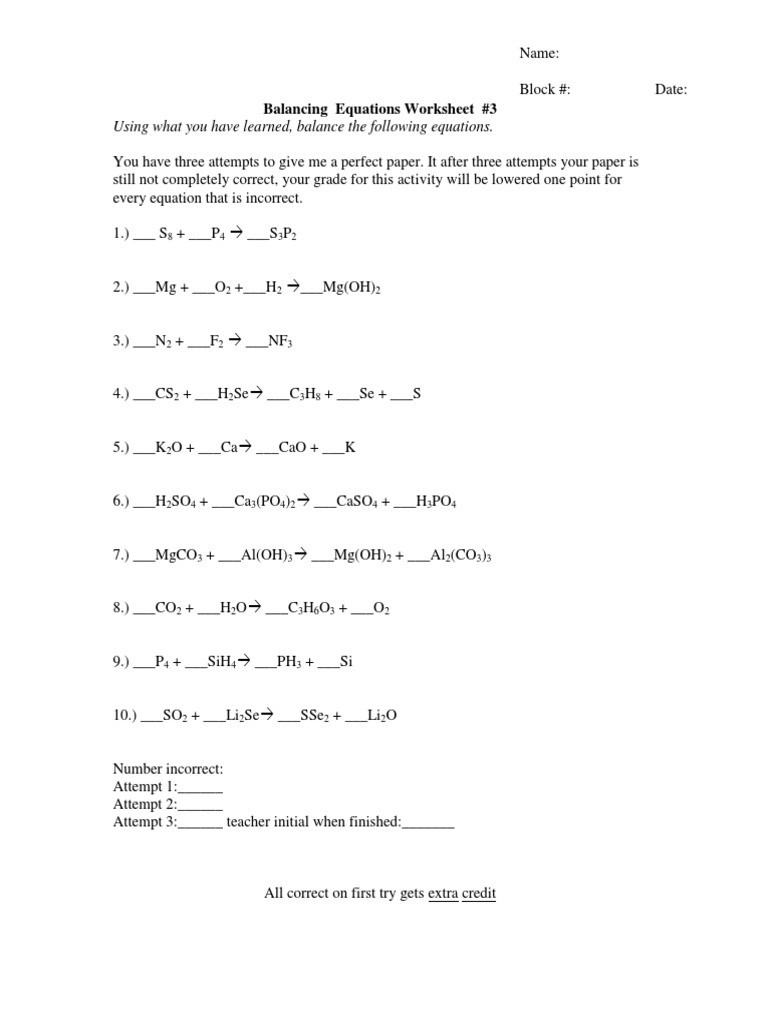 Class 10 Balancing Equations Worksheet | PDF | Teaching Methods & Materials