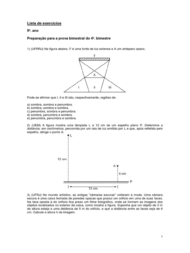 Lista de Exercícios Óptica Geométrica 9o. Ano | PDF | Refração | Cor