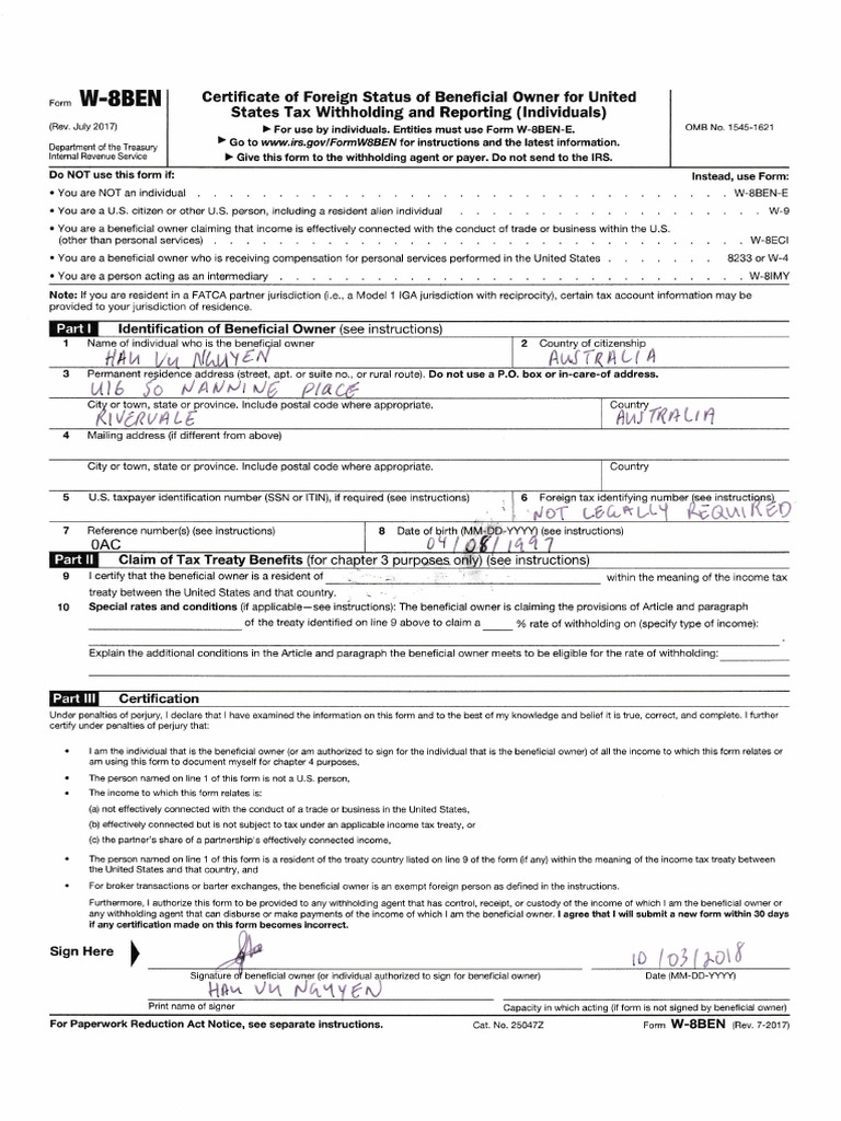 W-8BEN: Certificate Status) ) ), . | PDF | Tax Treaty | Withholding Tax