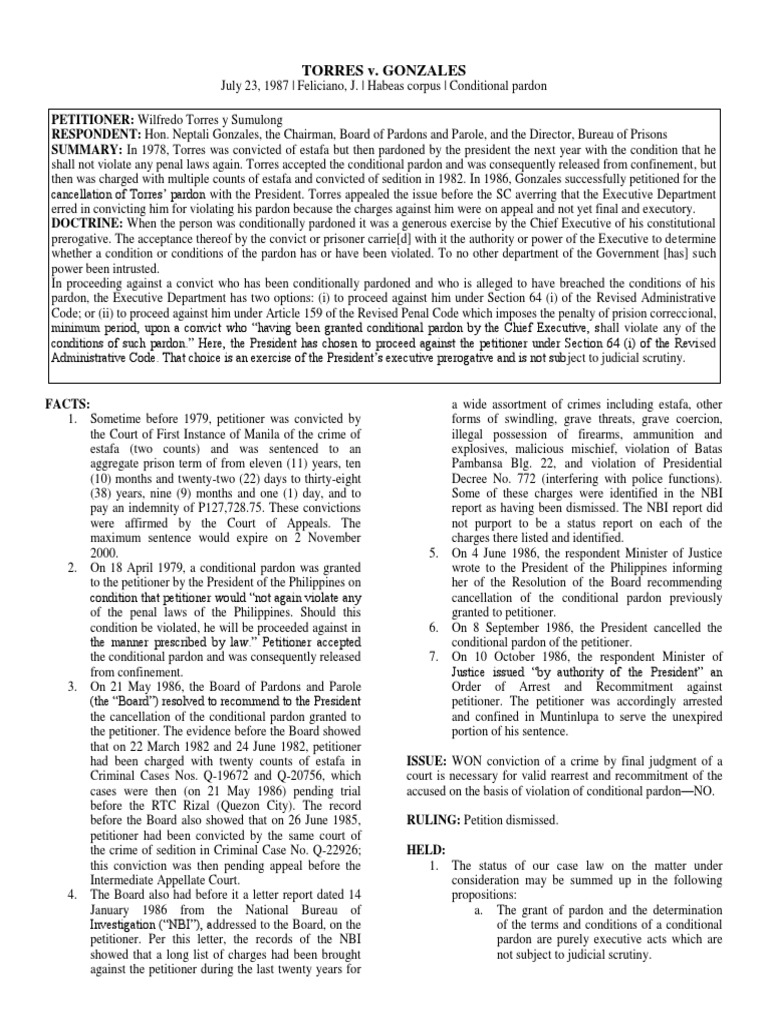 Torres v. Gonzales: Conditional Pardon Case | PDF | Pardon | Crime ...