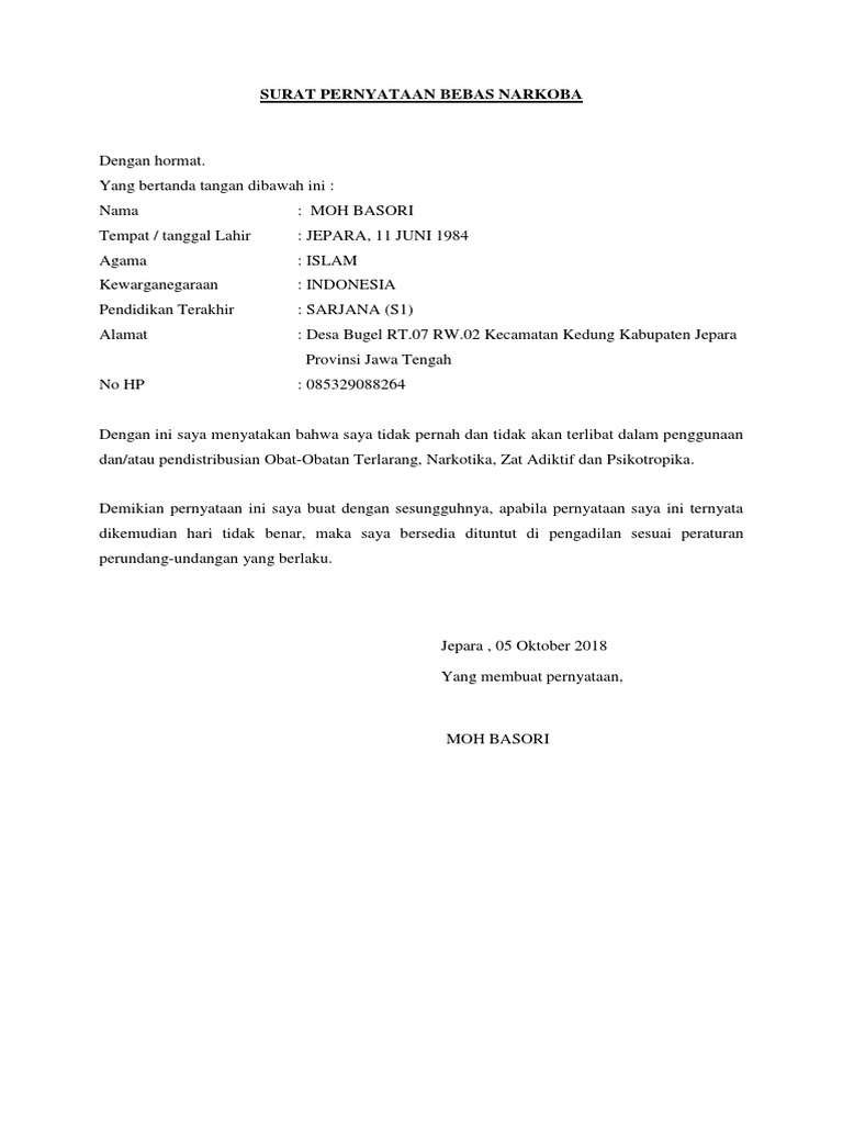 Surat Pernyataan Bebas Narkoba