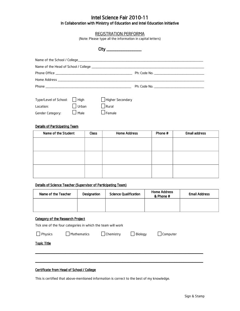 Intel Science Fair 2010-11 Registration Form | PDF