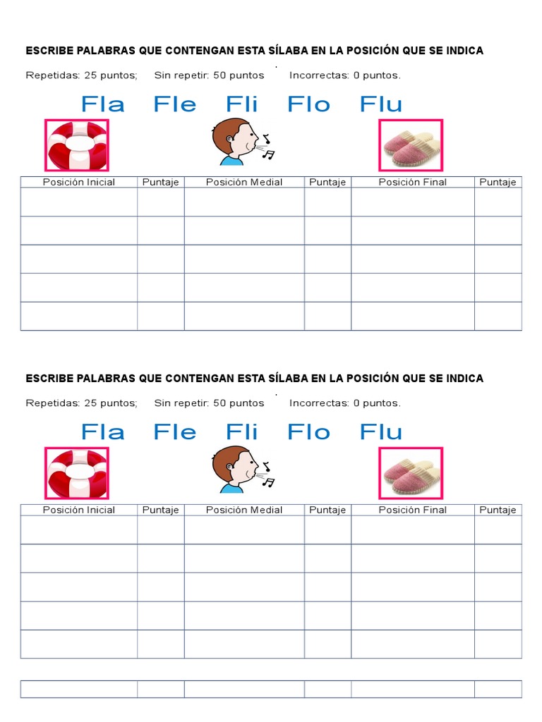 Construimos-Palabras-Con-Difono Fla Fle Fli Flo Flu en Distinta Posición |  PDF