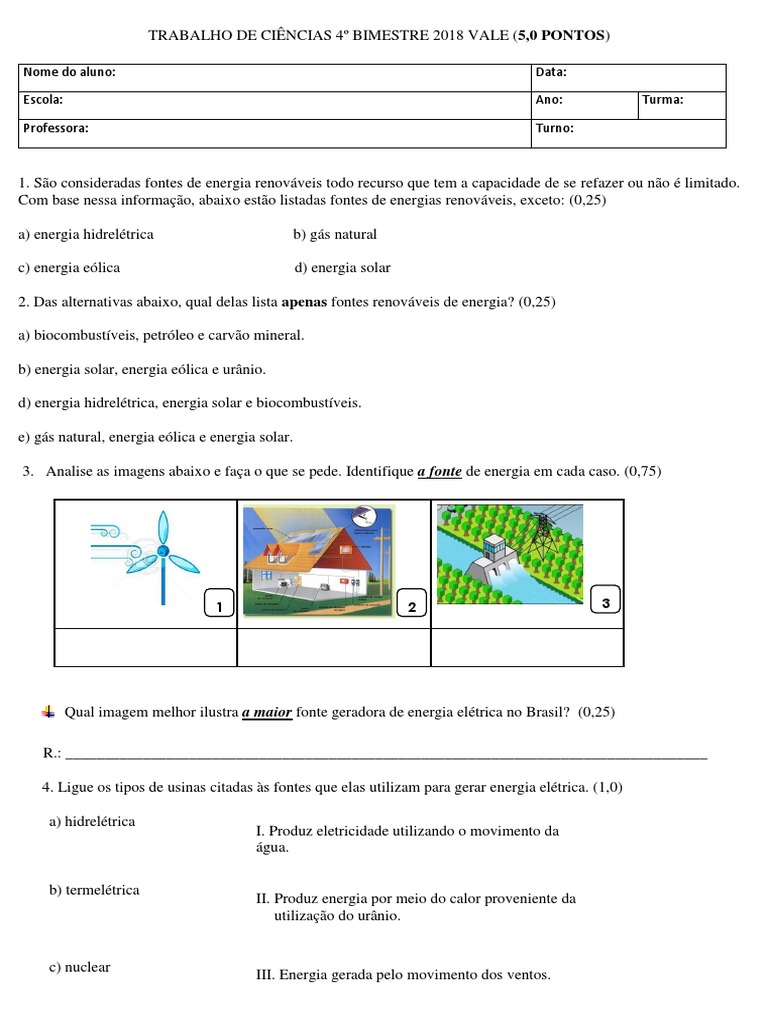 Atividades sobre Fontes de Energia 4º Ano | PDF | Energia eólica ...