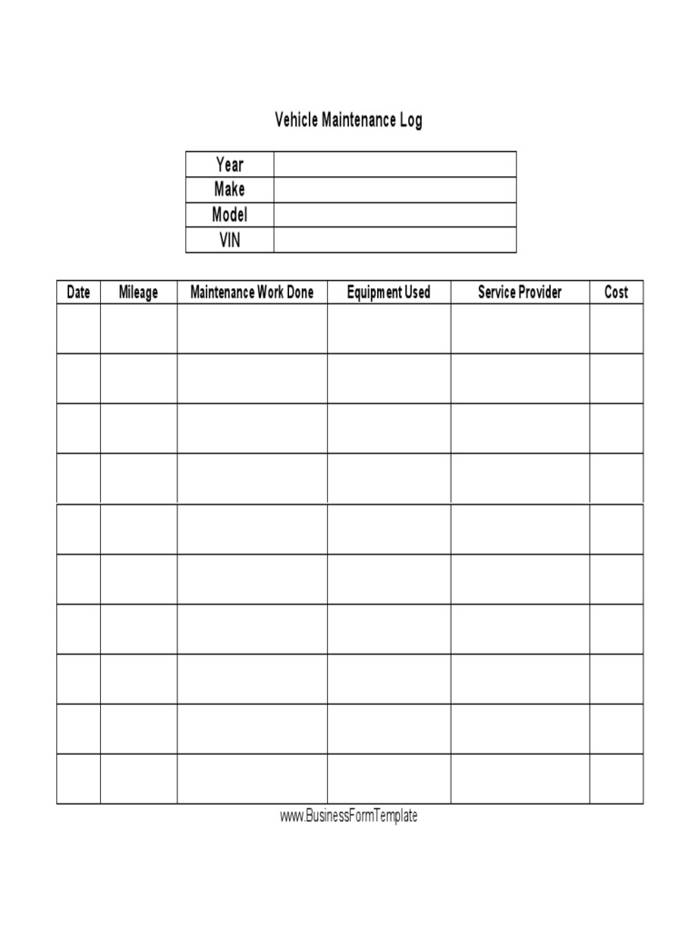 Vehicle Maintenance Log Year Make Model VIN: Date Mileage Maintenance ...