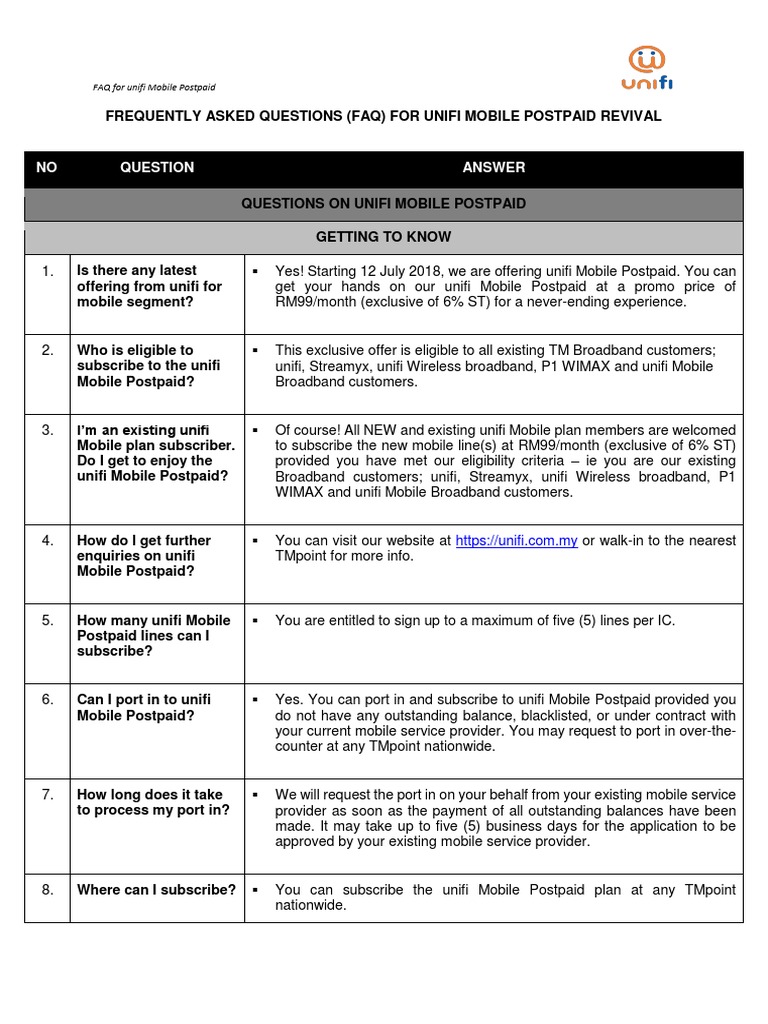 NO Answer FAQ For Unifi Mobile Postpaid PDF Video On Demand Roaming