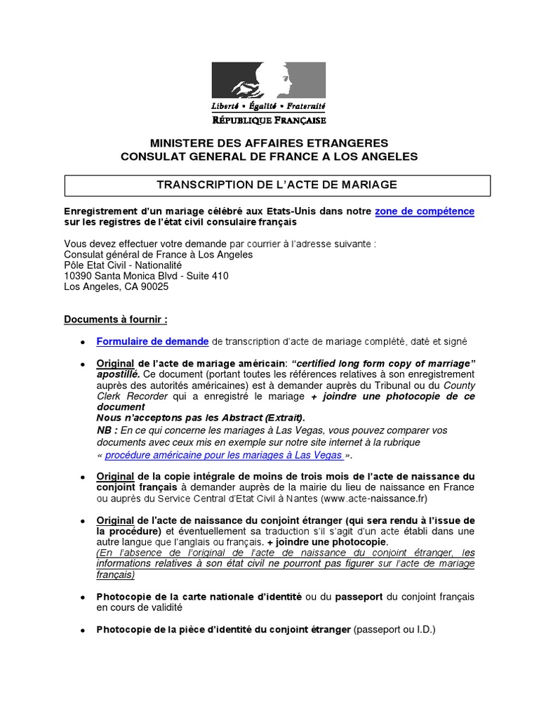 Formulaire De Demande De Transcription De Mariage Form Mariage Francais | PDF | Certificat de naissance | Consul