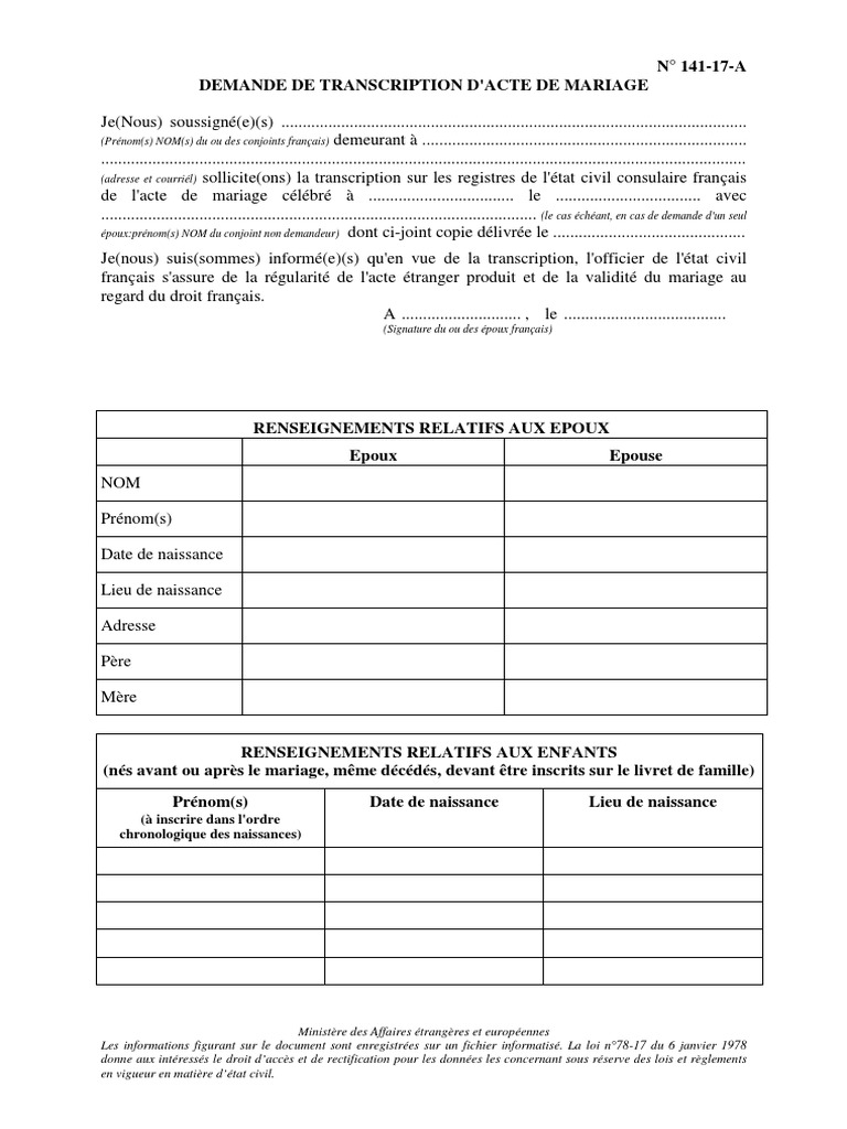 Formulaire De Demande De Transcription De Mariage