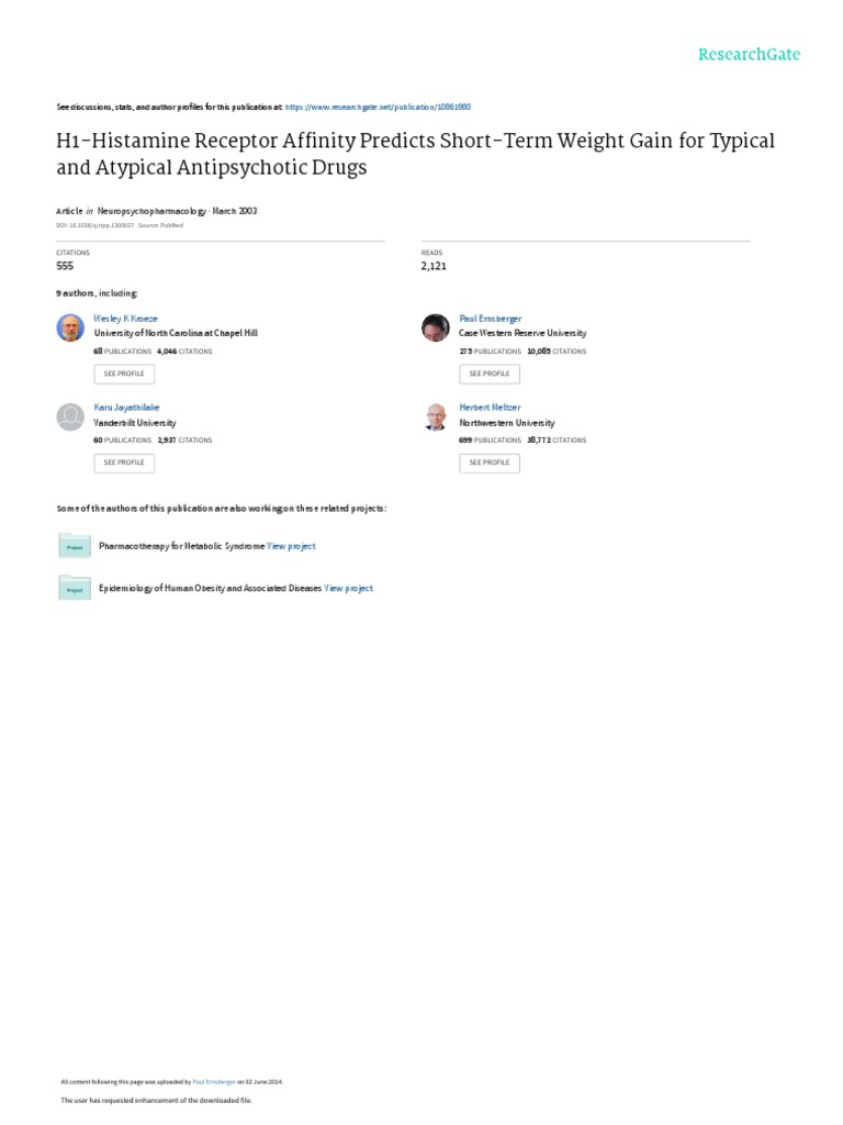 H1 Histamine Receptor Affinity Predicts Short Term Weight Gain For