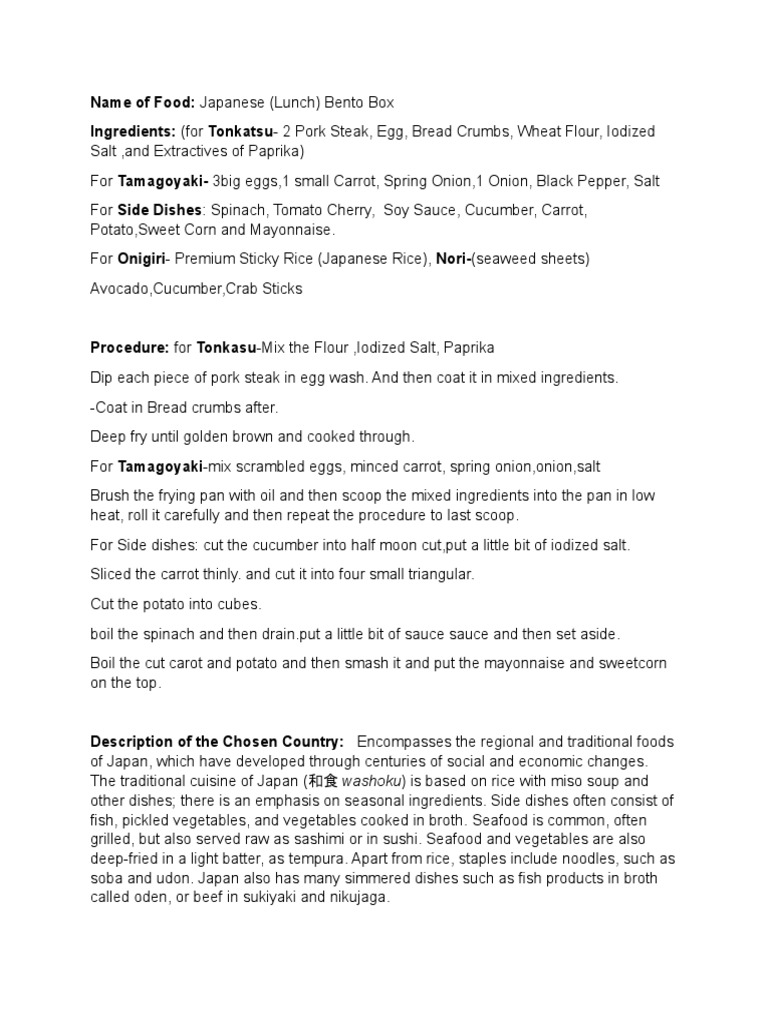 Name of Food Japanese (Lunch) Bento Box Ingredients (For Tonkatsu2 Pork Steak, Egg, Bread