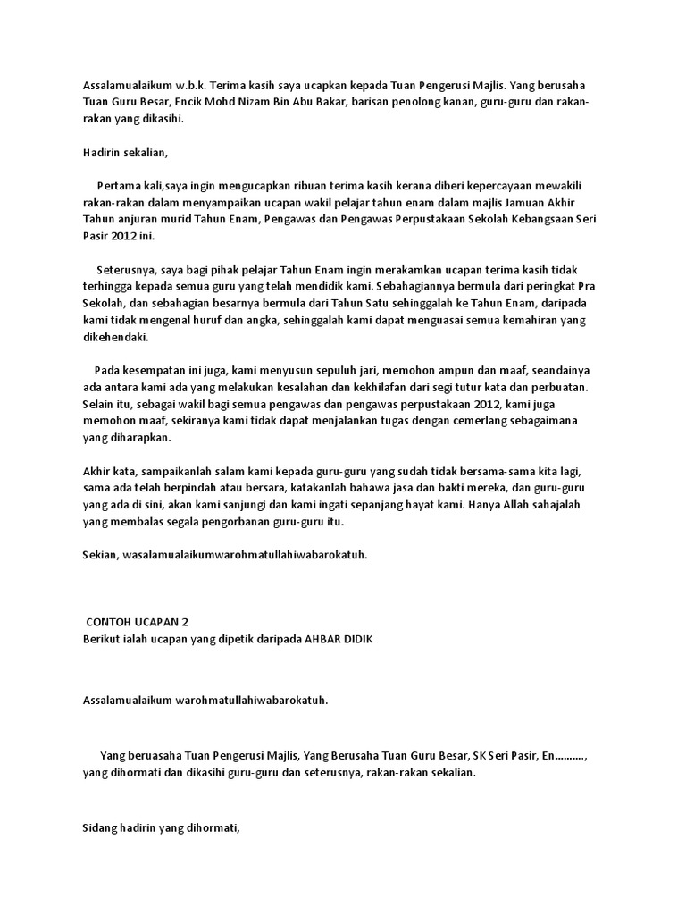 Teks Ucapan Wakil Murid Pdf