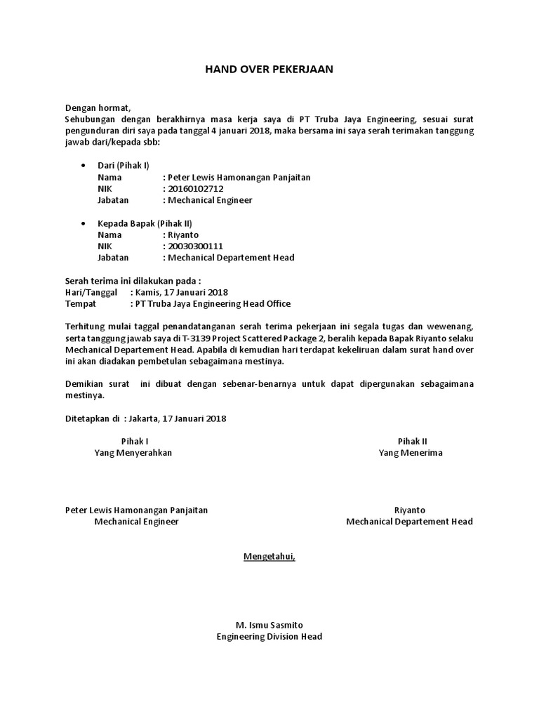 Surat Serah Terima Pekerjaan PT Truba | PDF