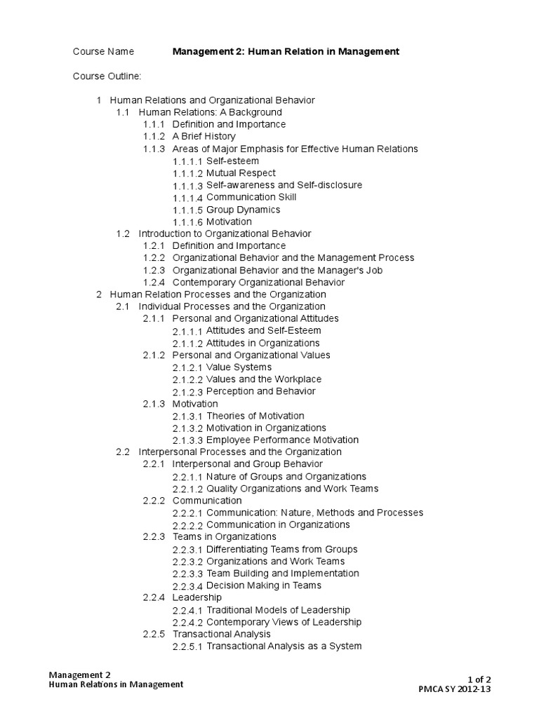 Human Relations in Management Course | PDF | Interpersonal ...