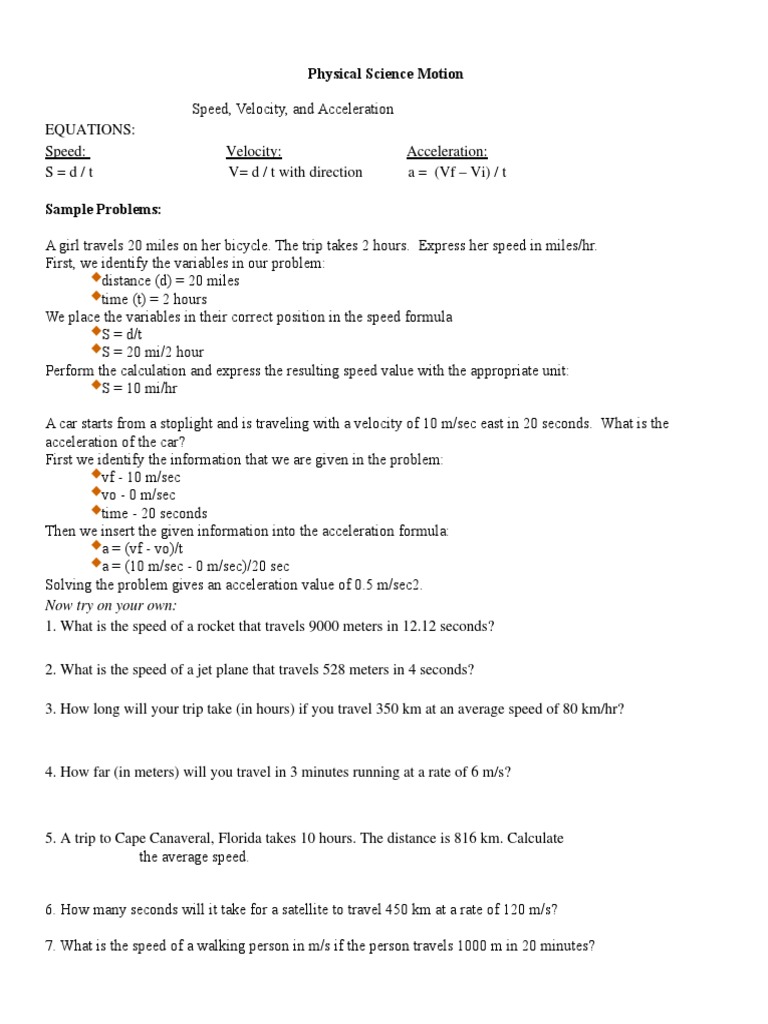Speed Velocity Acceleration Test Practice PDF Speed Velocity