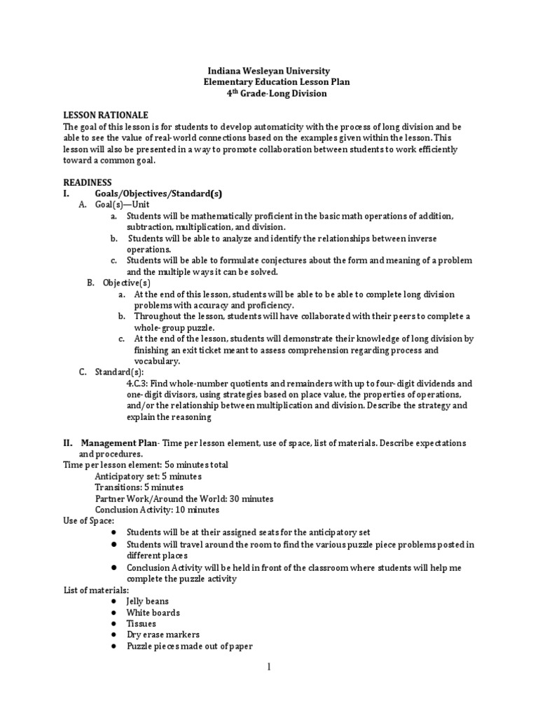 4th Grade Long Division Plan | PDF | Division (Mathematics ...