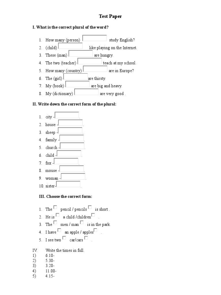 Test Paper I. What Is The Correct Plural of The Word? PDF