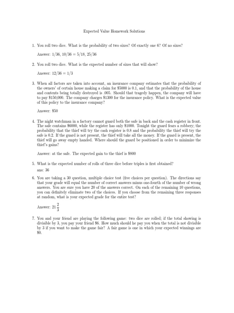 Expected Value Problem Solutions | PDF | Odds | Probability