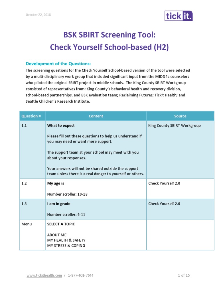 King County SBIRT Screening Tool Content For Middle School Students ...