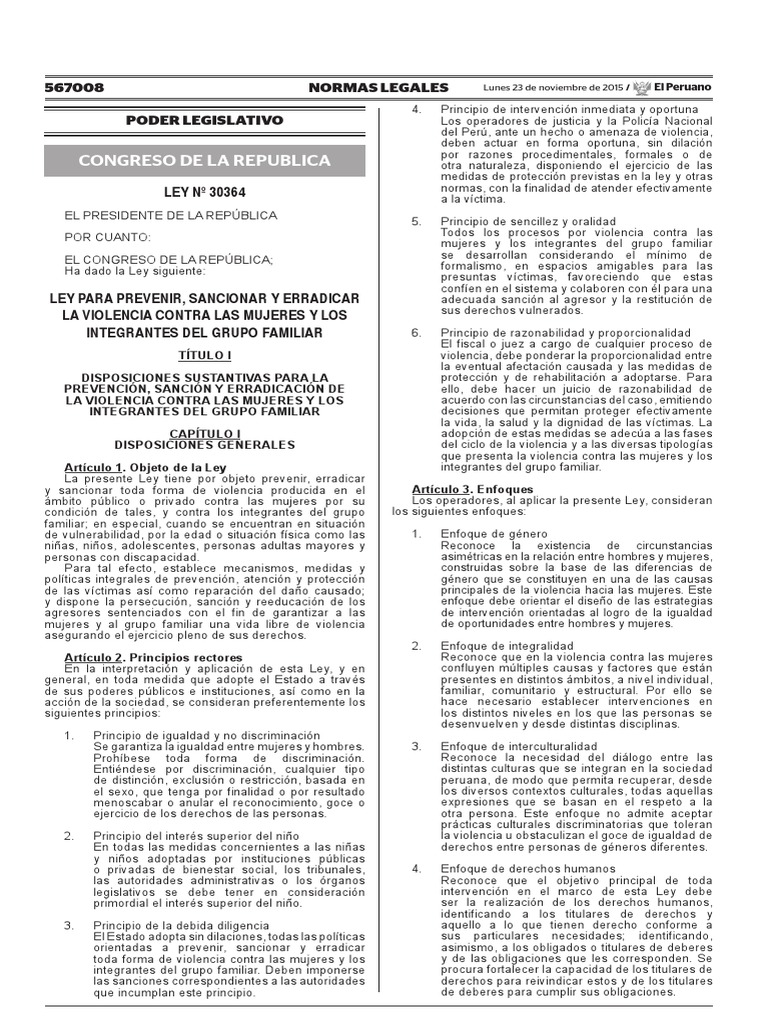 Ley para Prevenir Sancionar y Erradicar La Violencia Contra Ley N 30364 ...