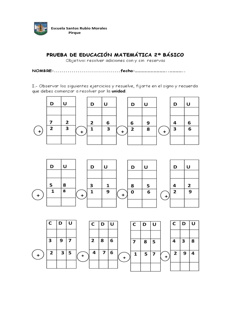 Prueba de Sumas Con y Sin Reservas | PDF
