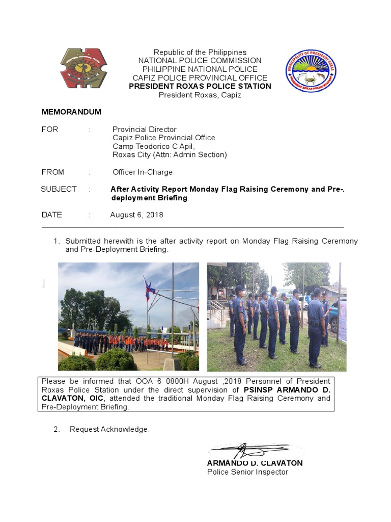 August 6, 2018 Monday Flag Raising Ceremony and Pre-Deployment Briefing ...