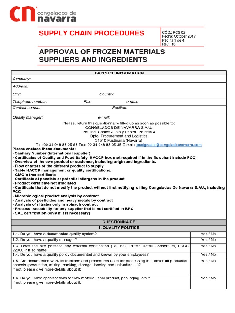 Suppliers Homologation Questionnaire REV 13 PDF Supply Chain Audit