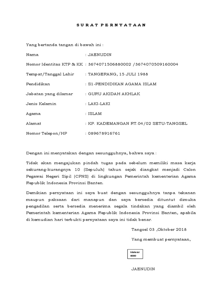 Surat Pernyataan Tidak Akan Mengajukan Pindah Pdf - vrogue.co