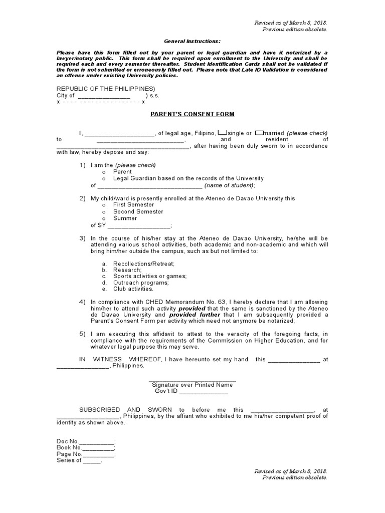 Parents Consent Form | PDF | Notary Public | Affidavit