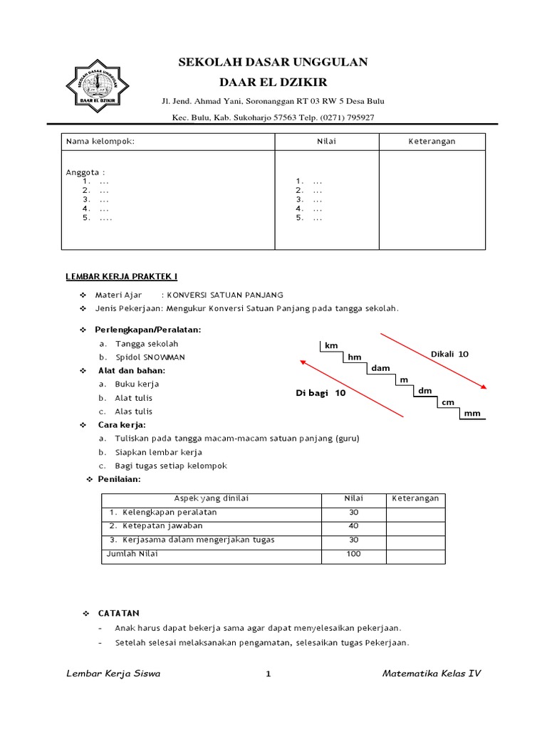 Lembar Kerja Kelas Iv Konversi Satuan Panjang
