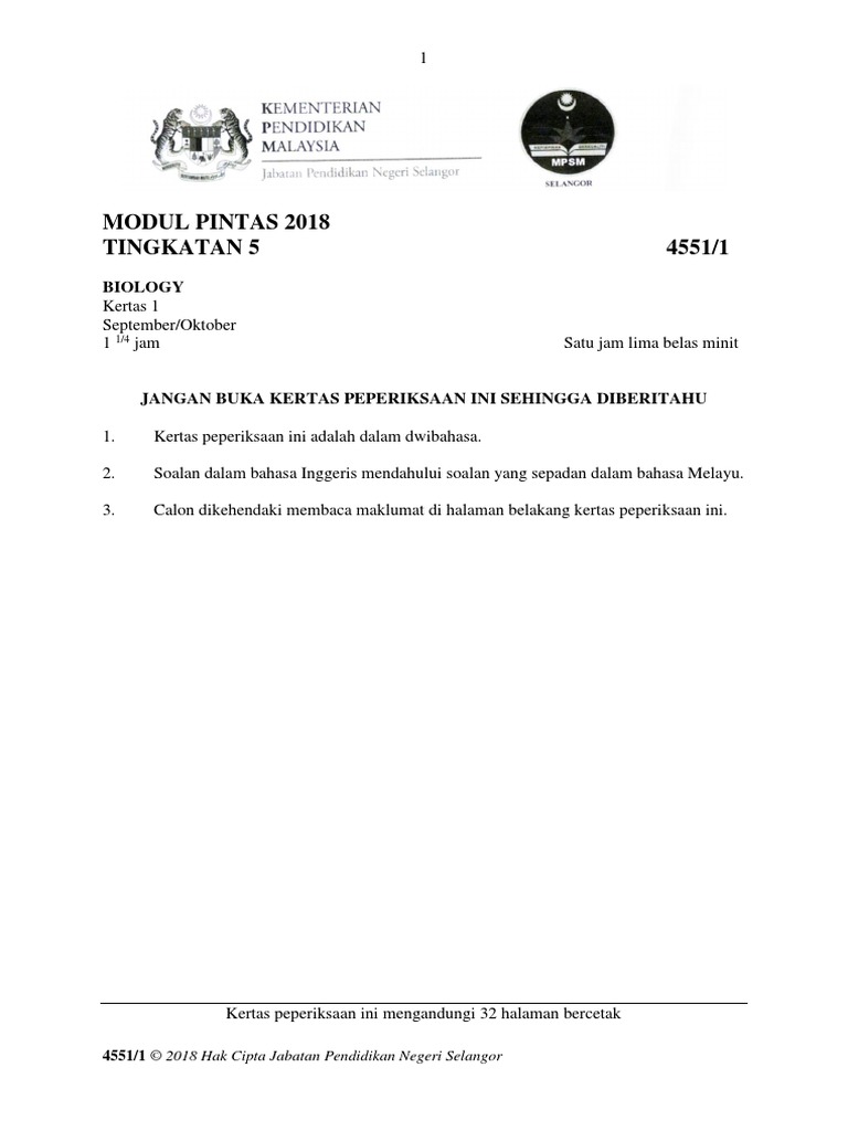 2018 Selangor Set 1 Percubaan Bio K1 Soalan Pdf