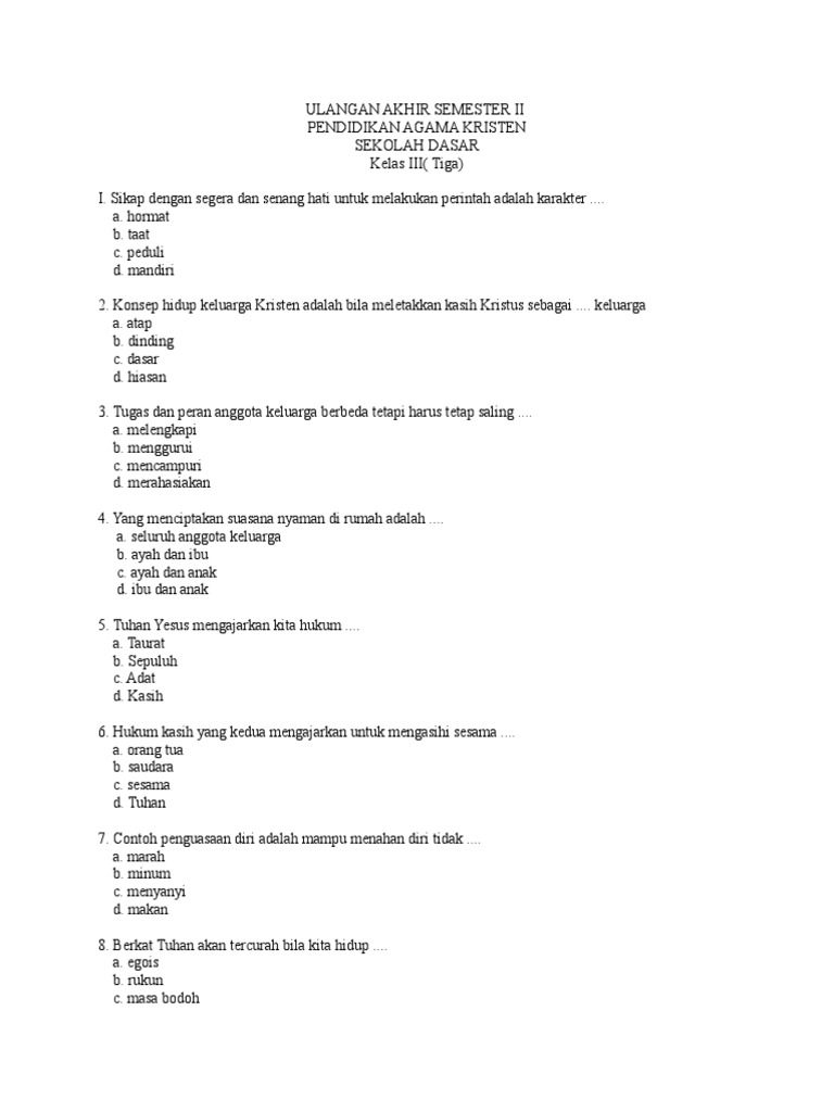soal agama kristen kelas 2 sd