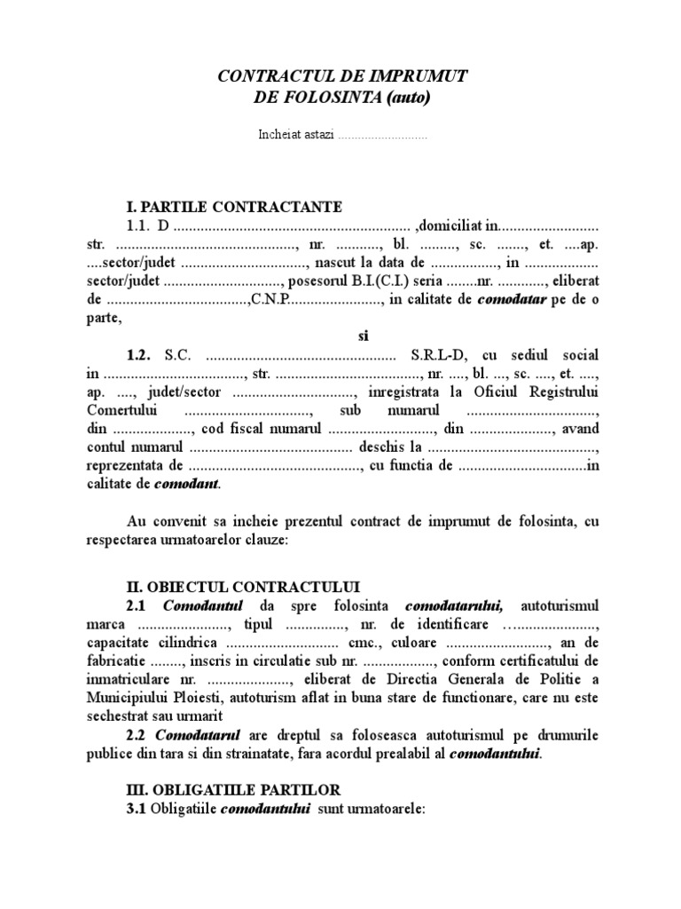 Contract de Comodat Auto | PDF