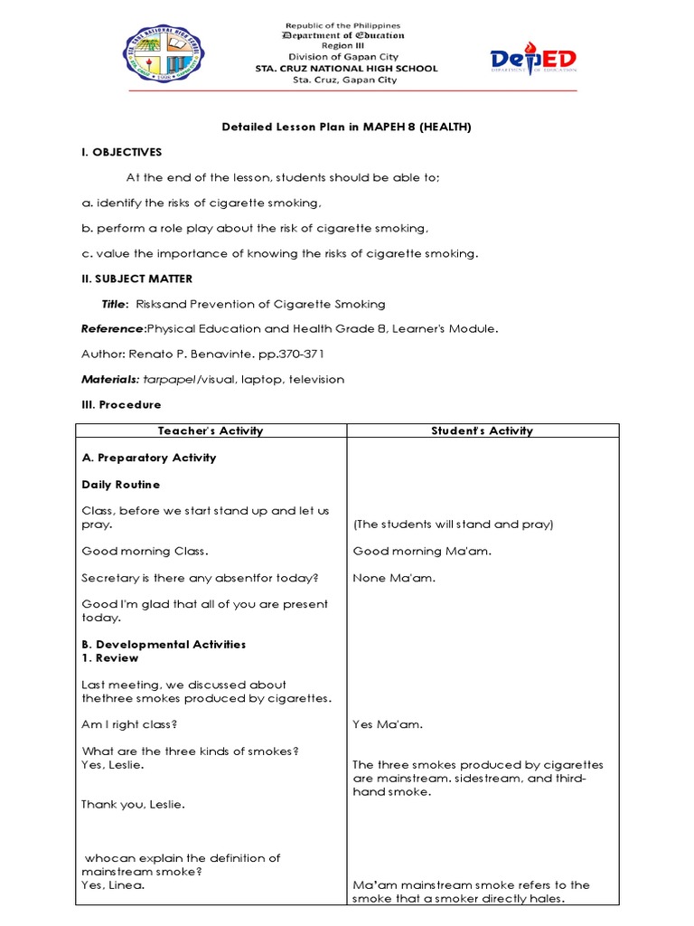 Detailed Lesson Plan in MAPEH 8 (HEALTH) I. Objectives | PDF | Head And ...