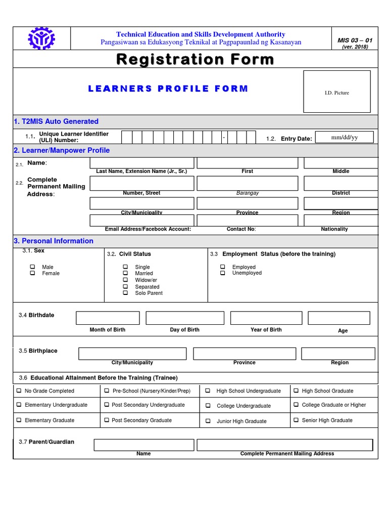 TESDA T2MIS Registration Form | PDF | Students | Disability
