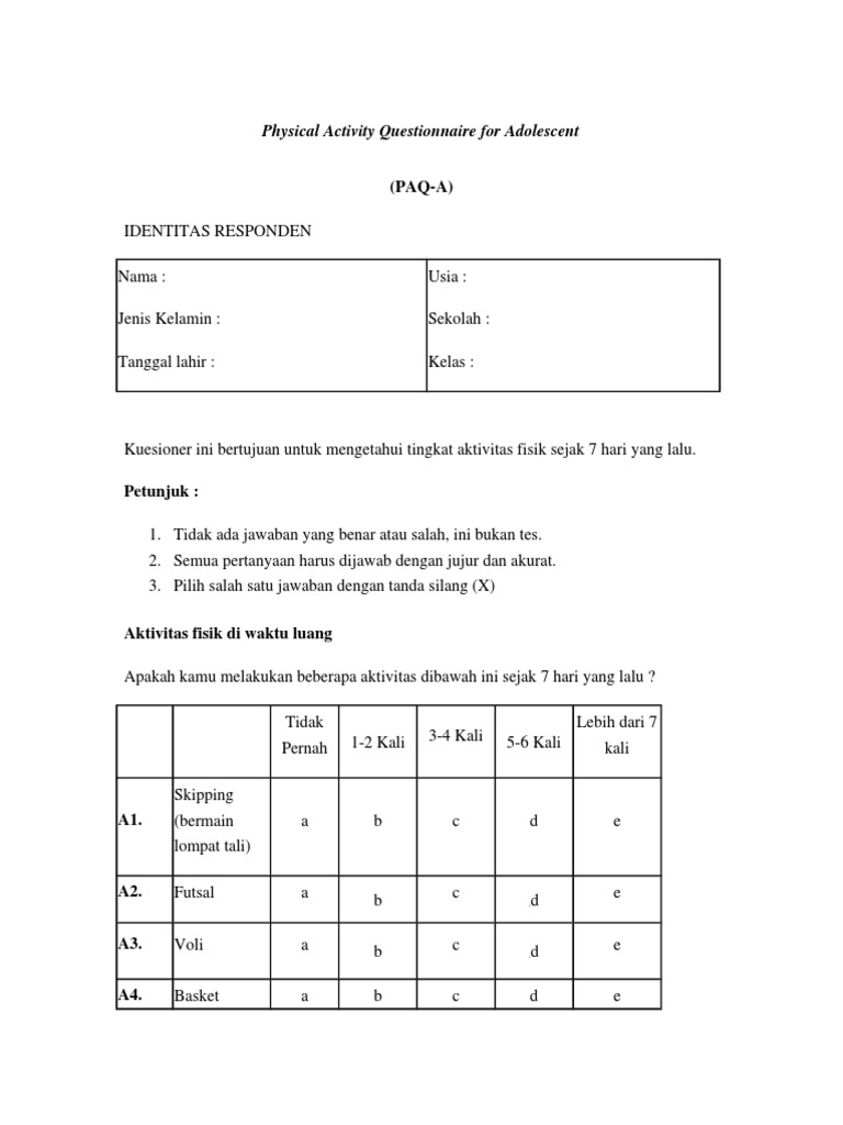 Physical Activity Questionnaire For Adolescent | PDF