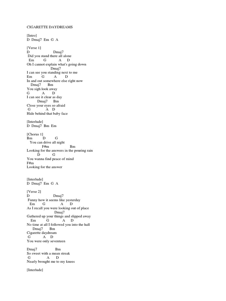 cigarette daydreams by cage the elephant lyrics Increble Guitar Chordsde todos los tiempos Consulta esta gua! Cigarette Daydreams Lyrics and Chords