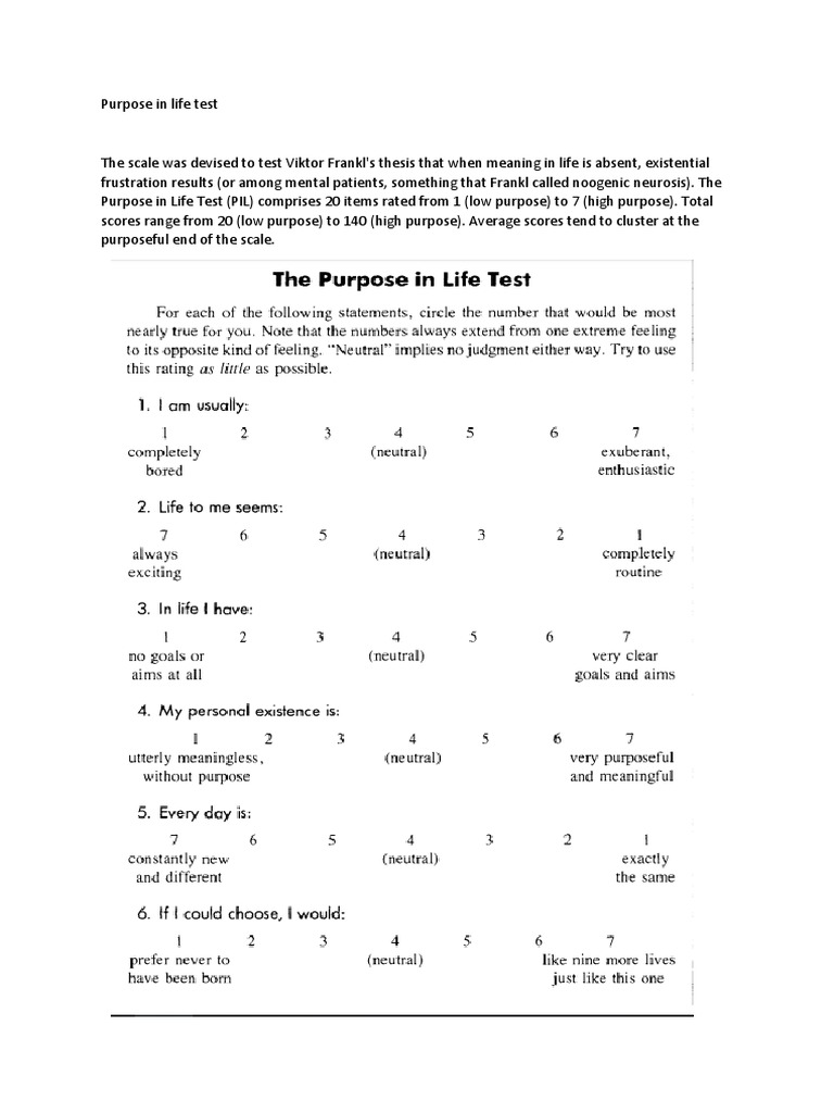 Purpose in Life Test Overview | PDF