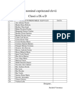 Table Nominal Cuprinzand Elevii Clasei A IX-a D: Diriginte, Secheli Veronica