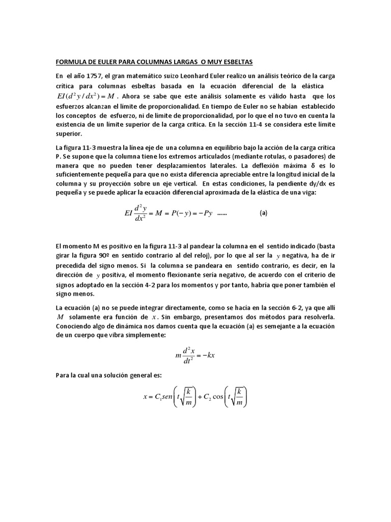 Formula De Euler Para Columnas Largas O Muy Esbeltas Pdf Ecuaciones