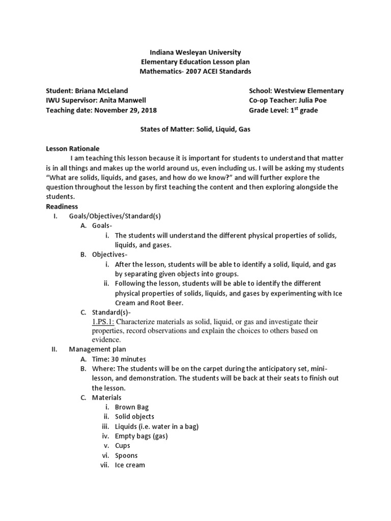 States of Matter Lesson Plan for Grade 1 | PDF | Gases | Liquids