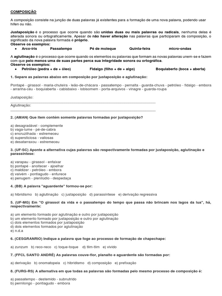 Processos de Composição de Palavras: Justaposição, Aglutinação e ...
