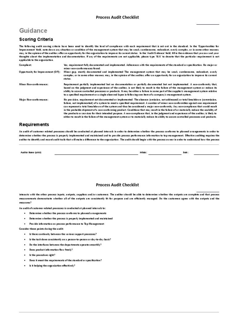 Process Audit Compliance Checklist | PDF | Audit | Specification ...