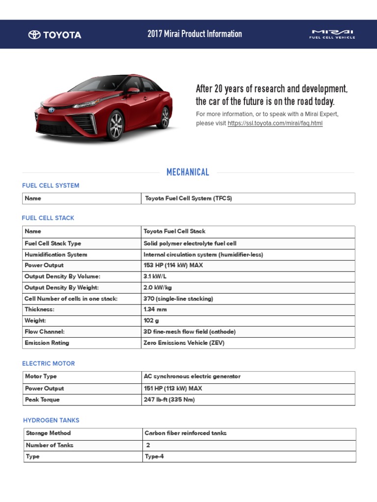 Mirai Specs PDF Fuel Cell Transport