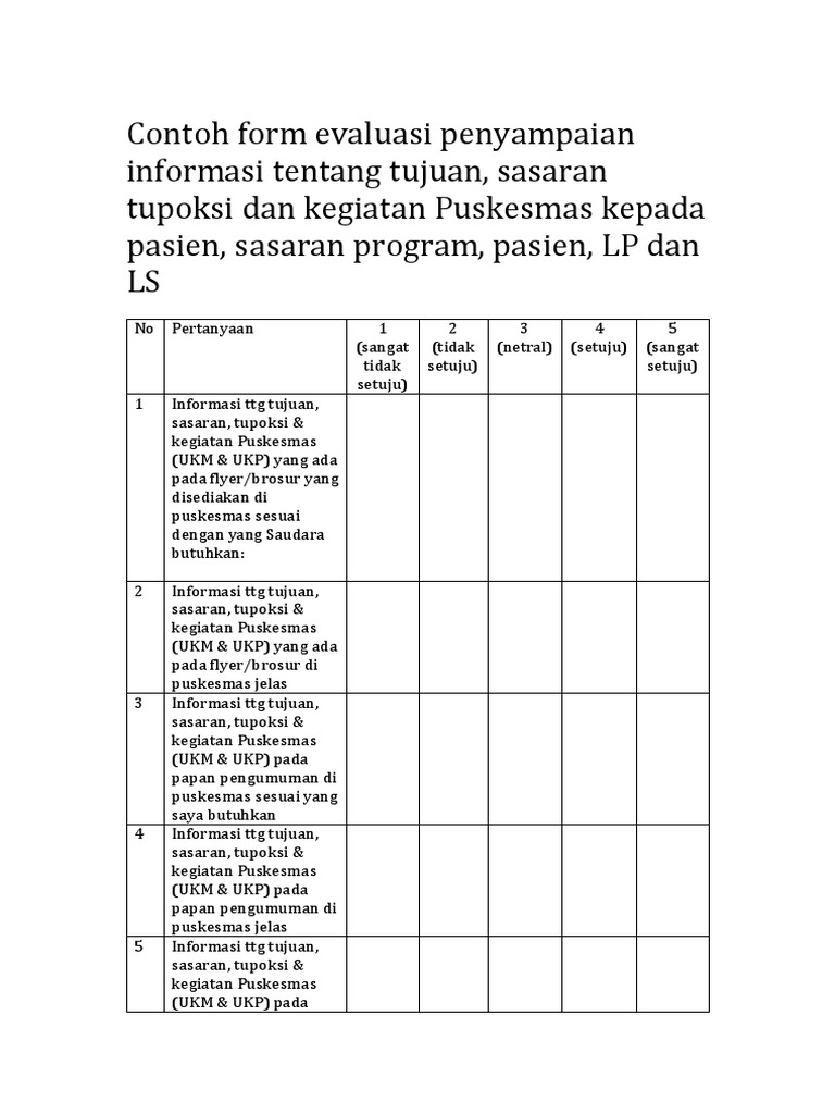 9 J Contoh Form Evaluasi Untuk Penyampaian Informasi Pada Pengguna Puskesmas Pdf